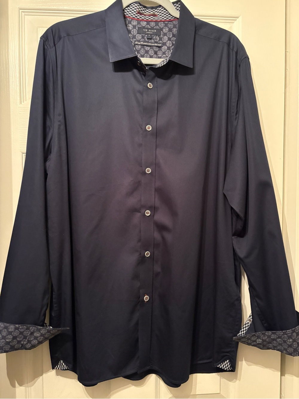 Ted Baker Navy Long-Sleeve Dress Shirt with Patterned Trim
